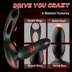 Low Noise 10 Thrusting & Vibrating Double Cock Rings Silicone Prostate Massager