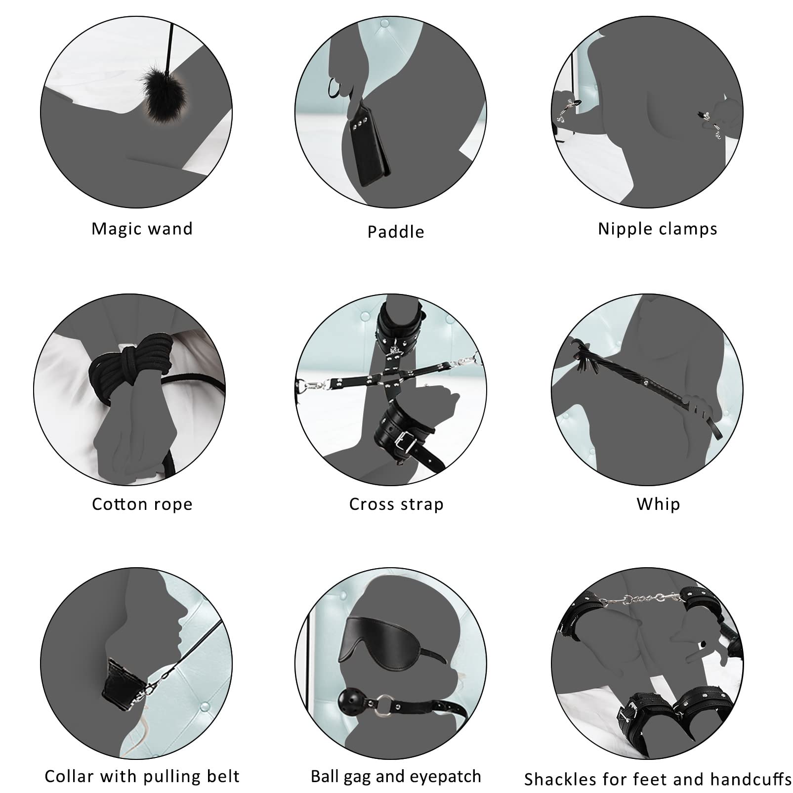 11 Pcs BDSM Leather Bondage Sets Restraint Kits for Women and Couples