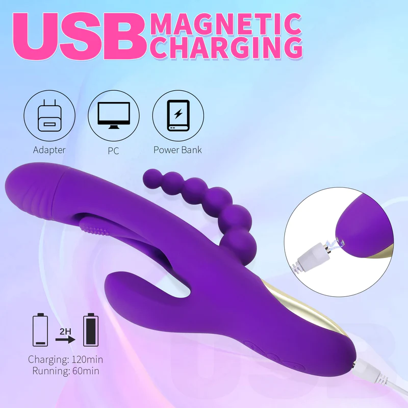 Triple Bliss Rabbit Tapping G-spot Vibrator with Anal Beads for Triple Stimulations